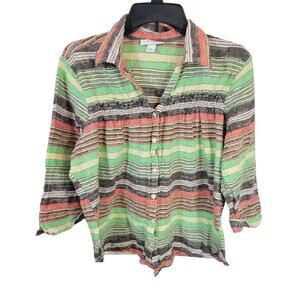 Dressbarn Green Striped Distressed 3/4 Sleeve Button Front Top Women's Size‎ 2X